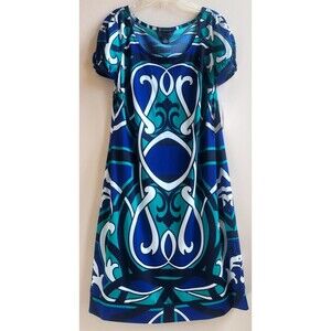 NWT Ladies I-N-C Enchanted Gate Blue Graphic SS Boat Neck Stretch Dress Size M